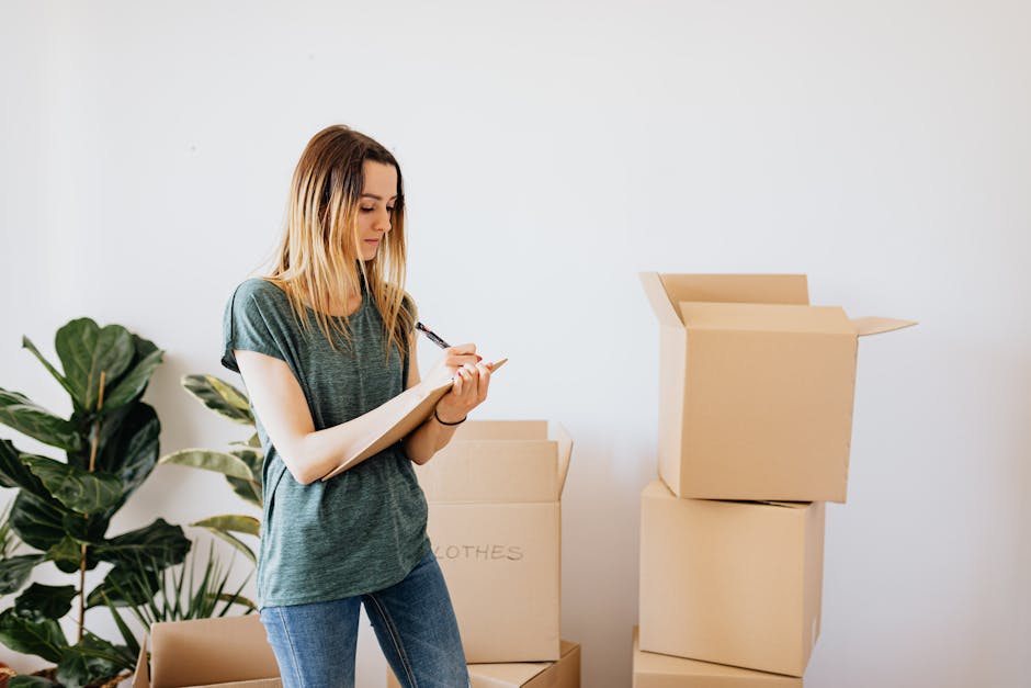 A person wearing a yellow t-shirt and blue jeans is standing in a room amongst several large cardboard boxes used for home relocation. They are holding a clipboard in their left hand and writing with 